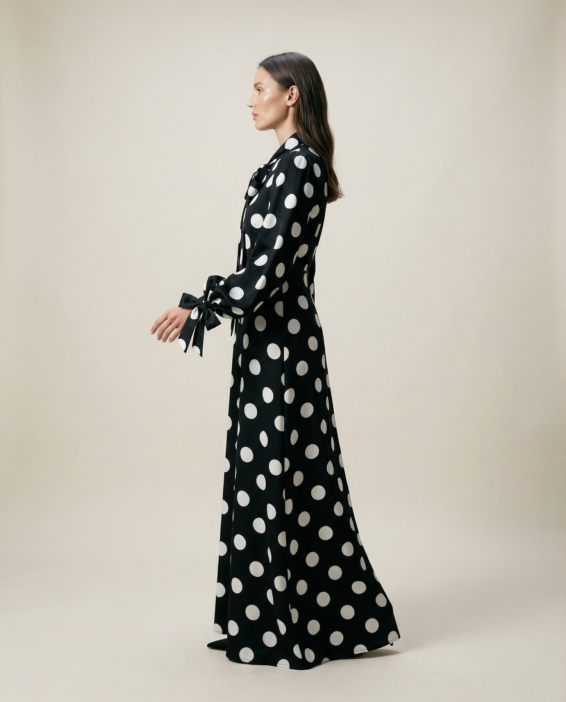 Polka-Dot Silk-Blend Maxi Dress with Pussy-Bow Neck