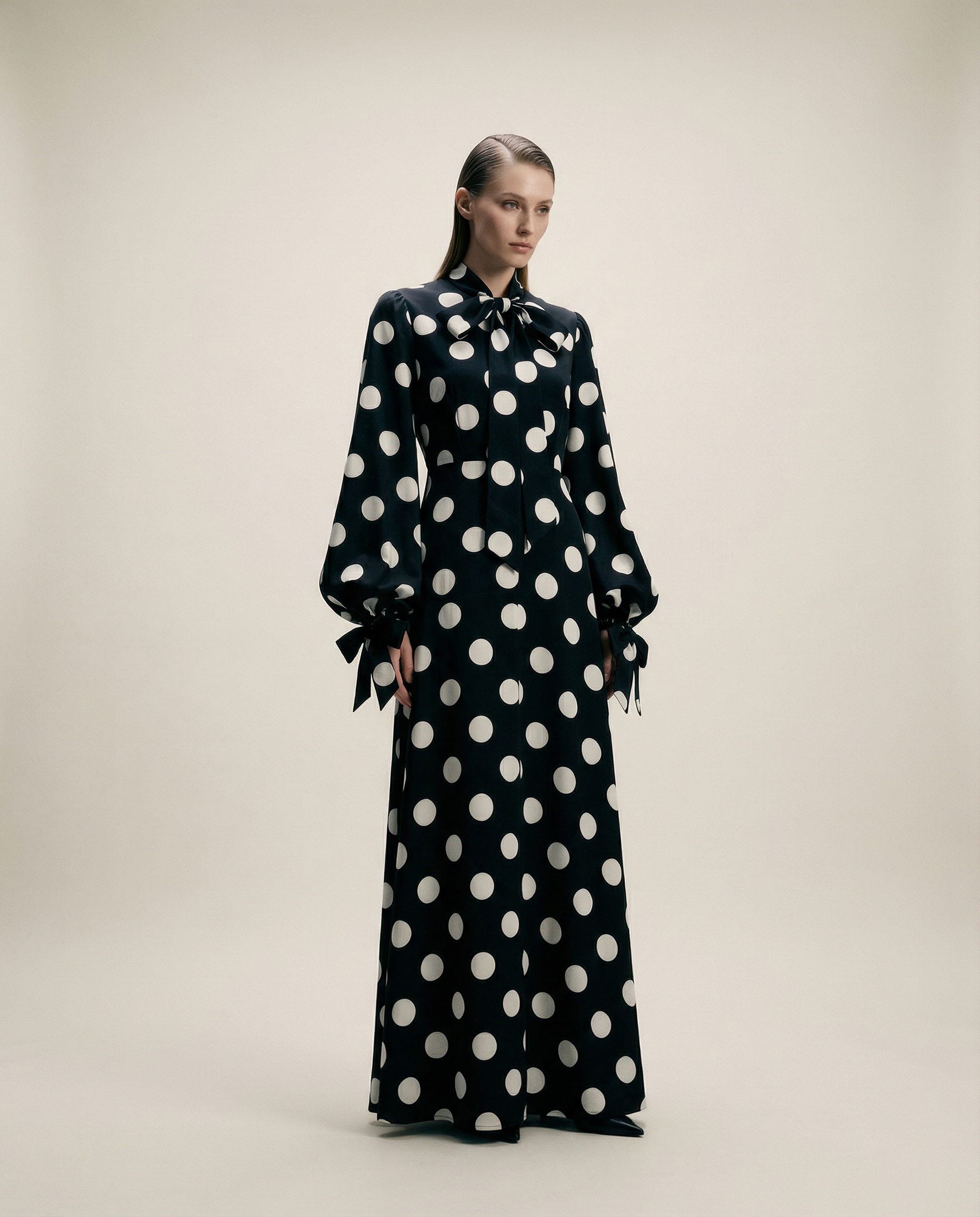 Polka-Dot Silk Maxi Dress with Pussy-Bow Neck