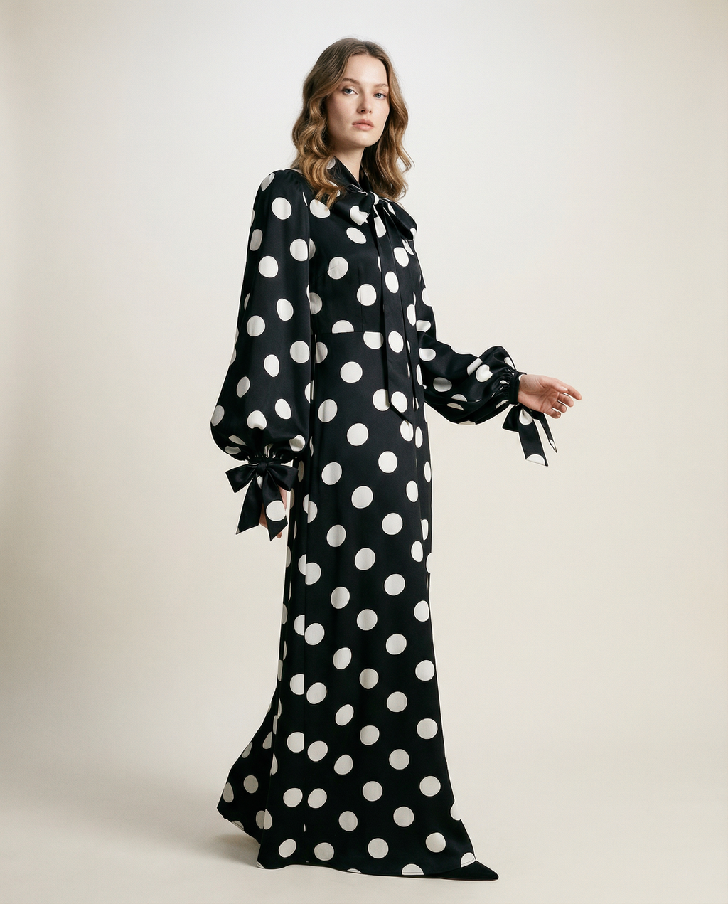 Polka-Dot Silk Maxi Dress with Pussy-Bow Neck
