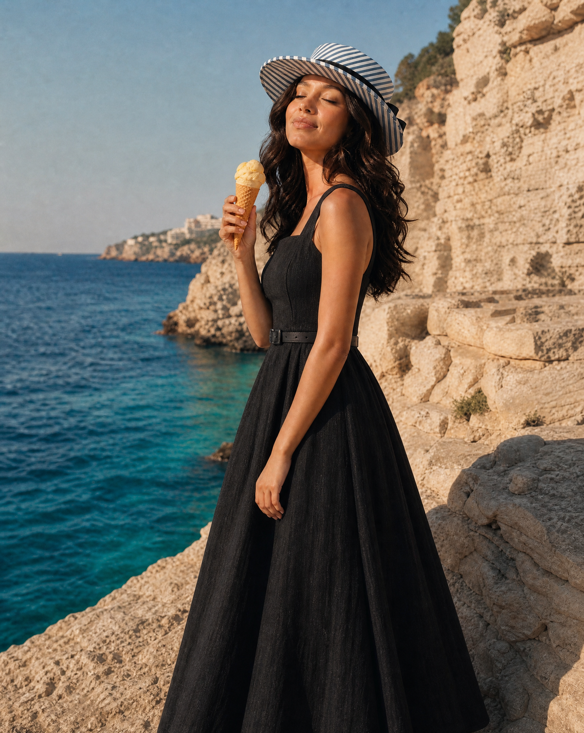 Riviera Linen Boater Hat with Silk Satin Bow Short Brim