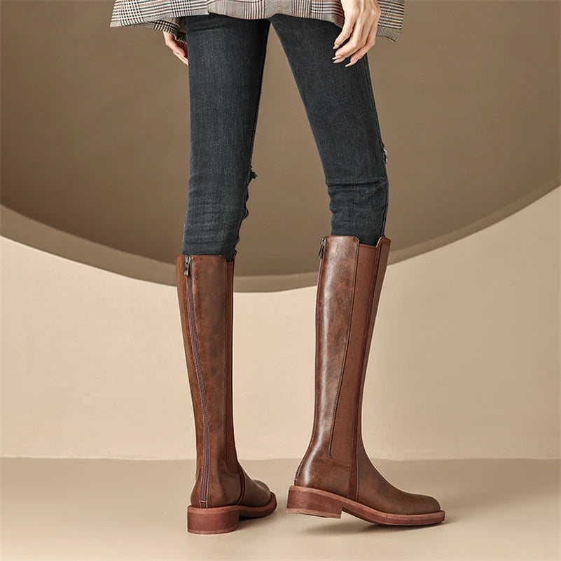 Knee High Leather Boots Flat Round Toe Equestrian Style