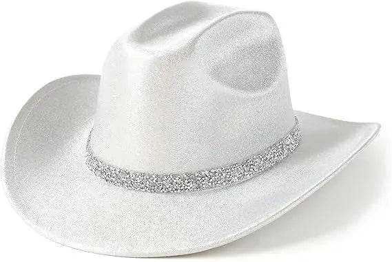 White cowboy hat with a silver band on a white background
