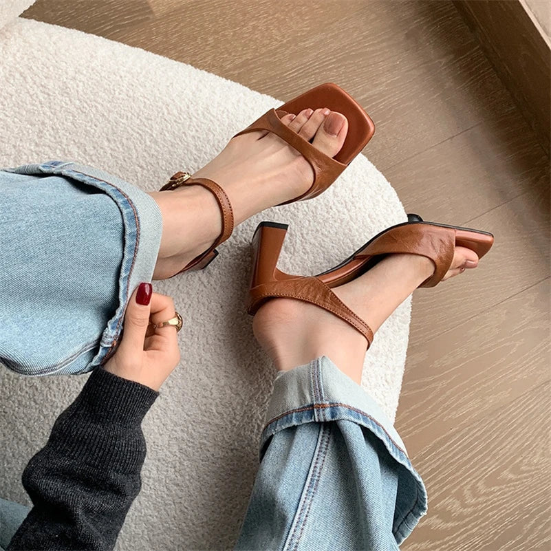 Leather Wine Red Block Heel Slip-On Shoes – Open Toe with Silver Buckle