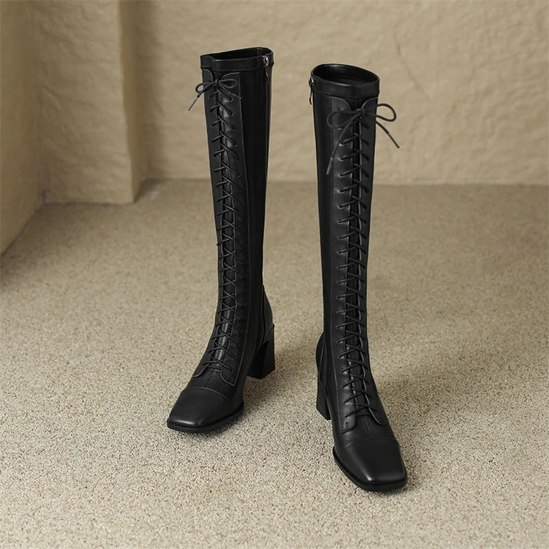 Square Toe Block Heel Knee High Leather Laceup Boots - Black