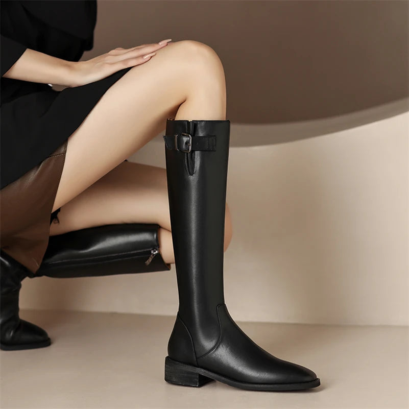 Knee High Leather Flat Equestrian Riding Boots Round Toe Side Buckle - Black