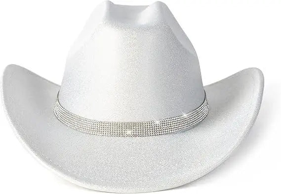 White cowboy hat with a decorative band on a white background