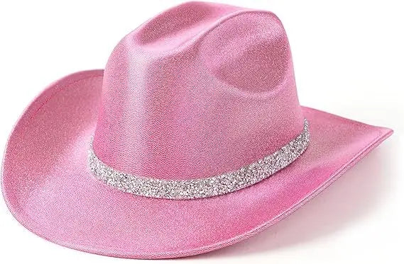 Pink cowboy hat with a silver band on a white background