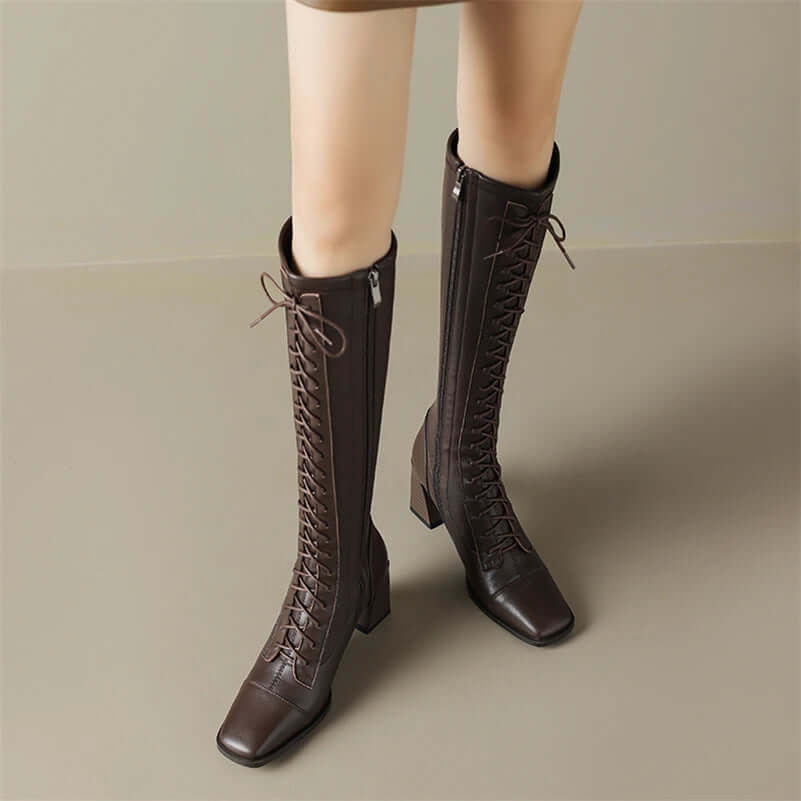 Brown Leather Boots Knee High Boots Square Toe High Boots With