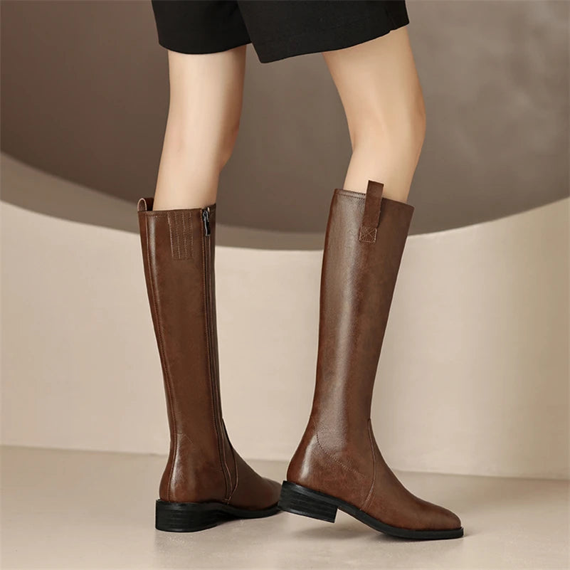 Knee High Leather Flat Equestrian Riding Boots Round Toe - Brown