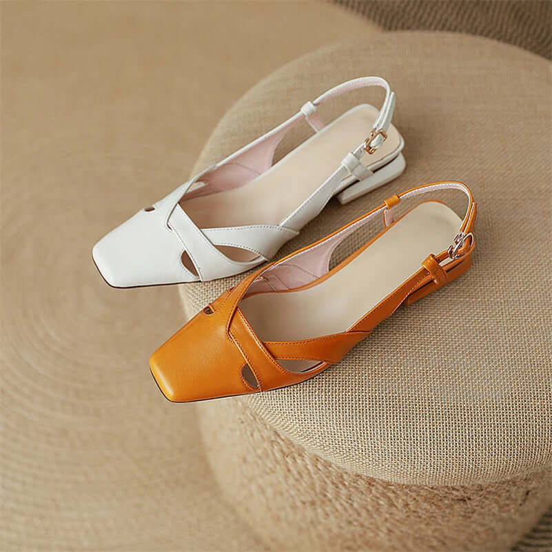 Square Toe Sling Back Flat Pumps - Ivory Leather