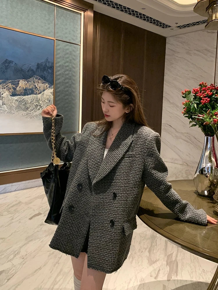 Grey Tweed Longline Blazer – Double-Breasted, Loose Cut with Double Lapel