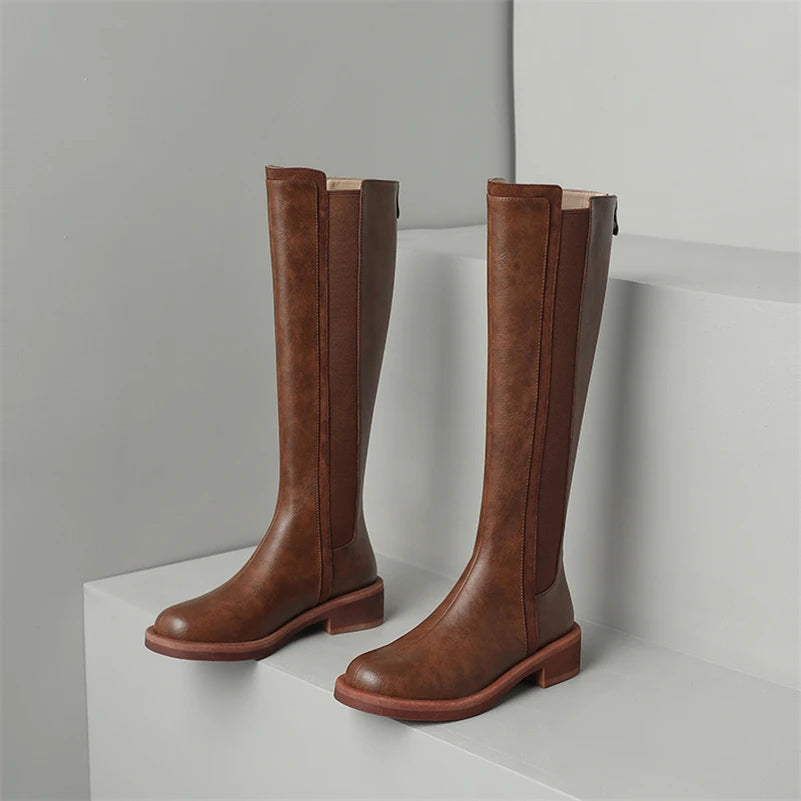 Knee High Leather Boots Flat Round Toe Equestrian Style