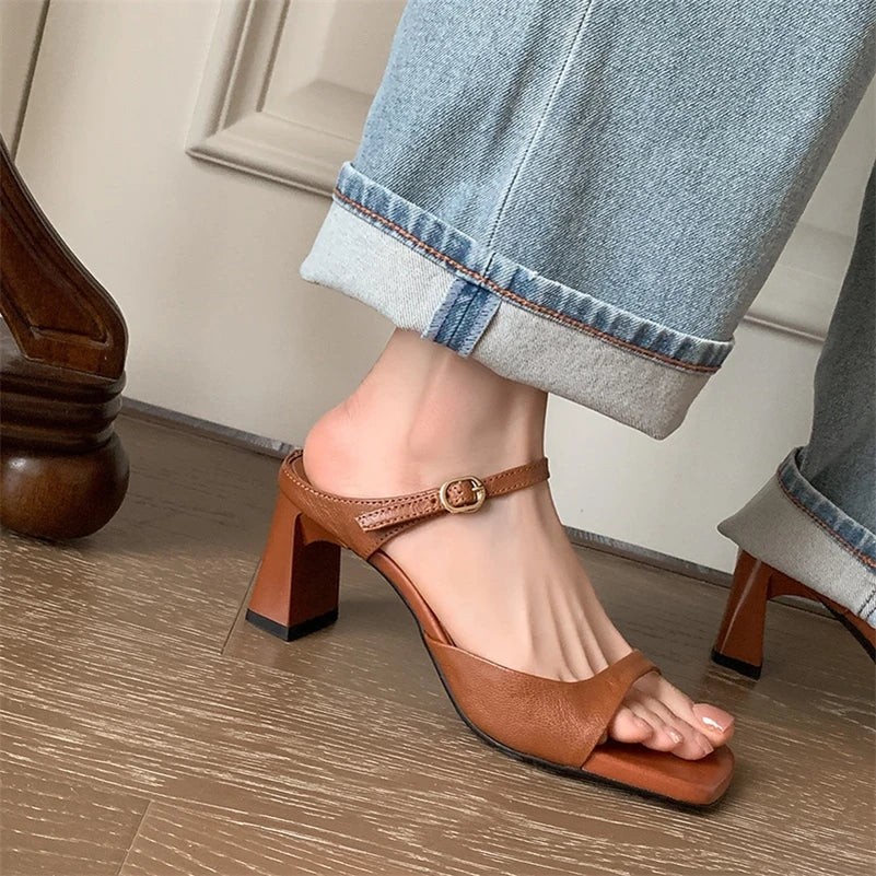Leather Wine Red Block Heel Slip-On Shoes – Open Toe with Silver Buckle