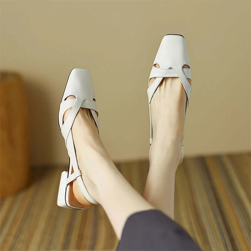 Square Toe Sling Back Flat Pumps - Ivory Leather