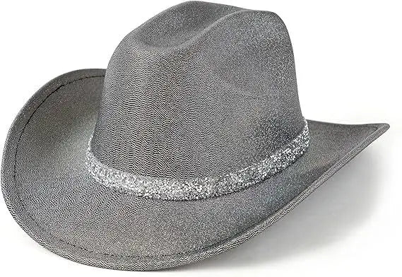 Gray cowboy hat with a decorative band on a white background