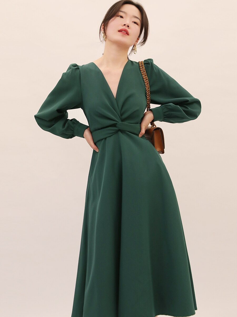 Twist V-Neck Aline Wrap Midi Multiway Dress With Long Sleeves and Pockets