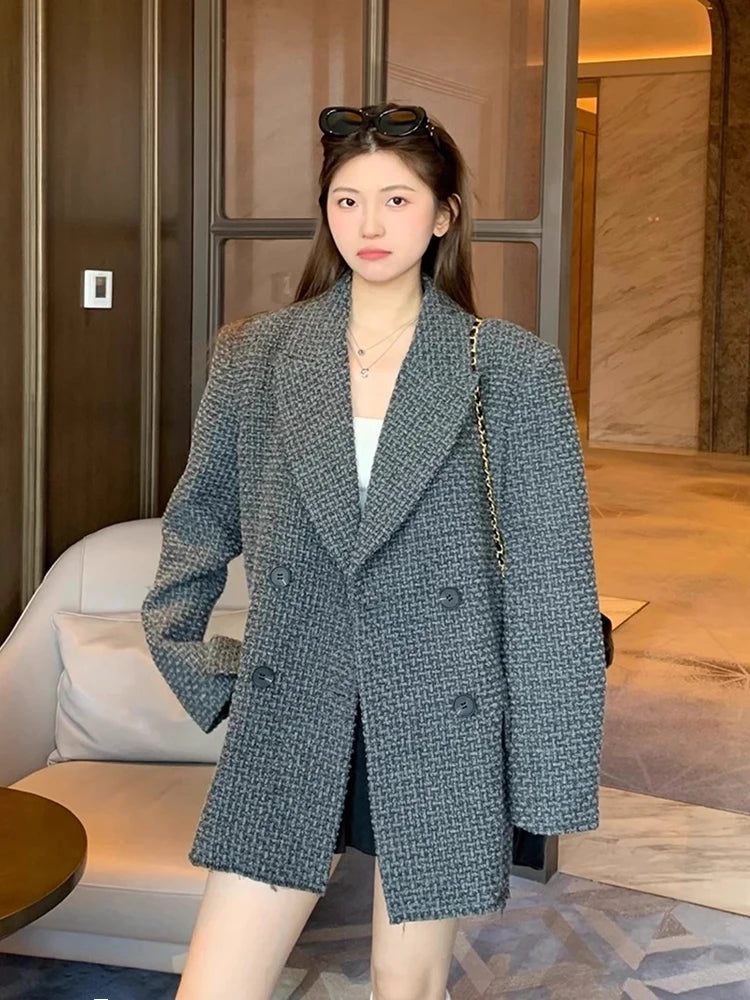 Grey Tweed Longline Blazer – Double-Breasted, Loose Cut with Double Lapel