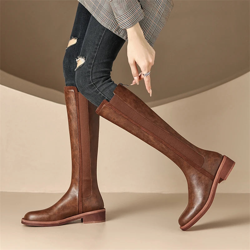 Knee High Leather Boots Flat Round Toe Equestrian Style