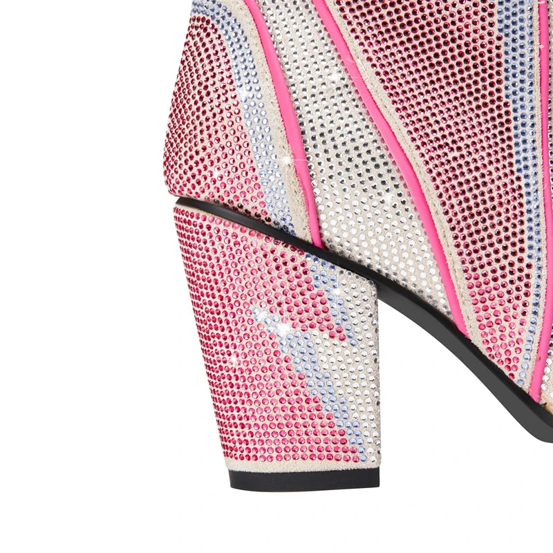 Lightning Bolt Crystal Ankle Boots in Pink & Silver | Glam Rock Statement Heels