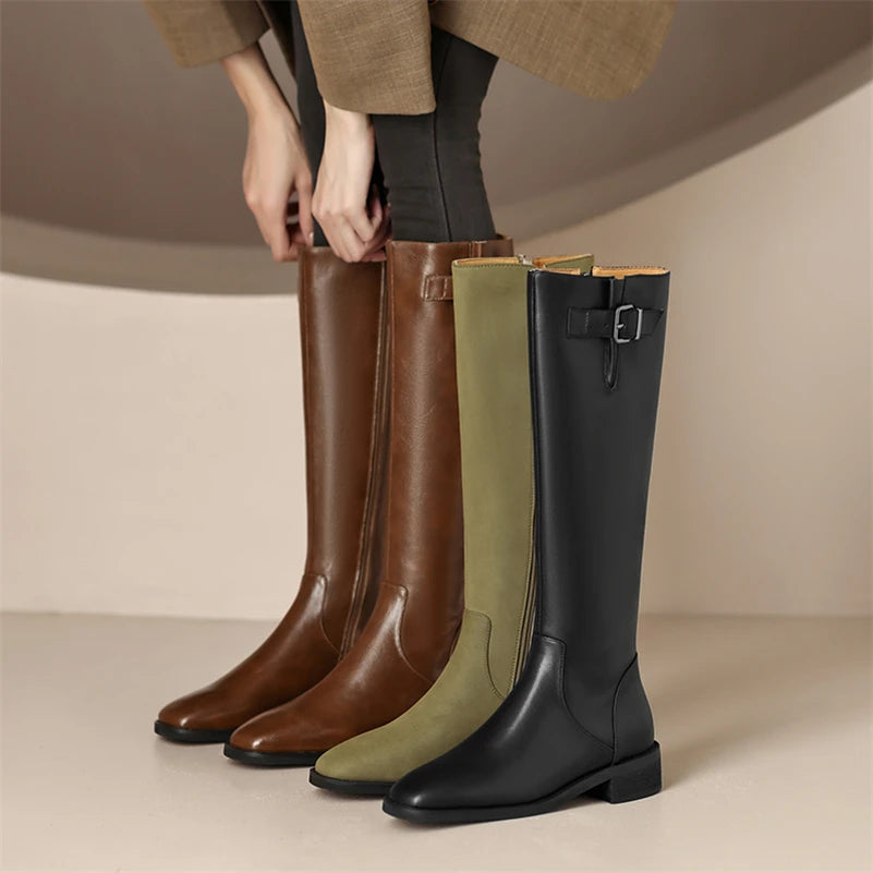 Knee High Leather Flat Equestrian Riding Boots Round Toe Side Buckle - Khaki