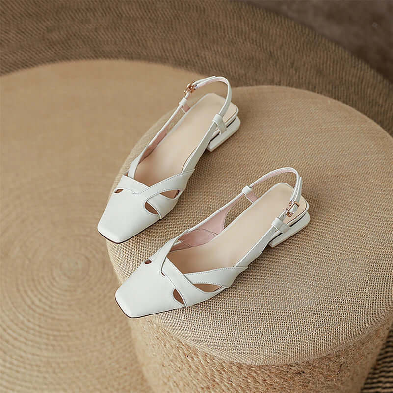 Square Toe Sling Back Flat Pumps - Ivory Leather