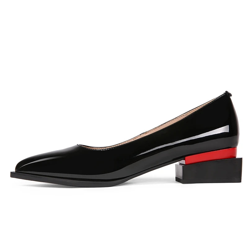 Patent Leather Low-Heel Pumps with Sculptural Block Heel