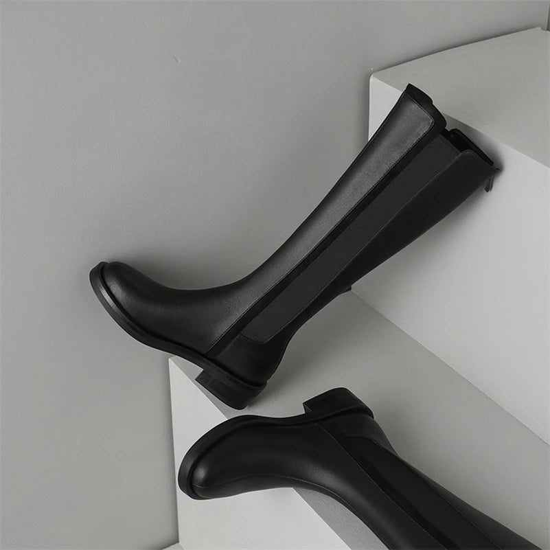 Knee High Leather Boots Flat Round Toe Equestrian Style