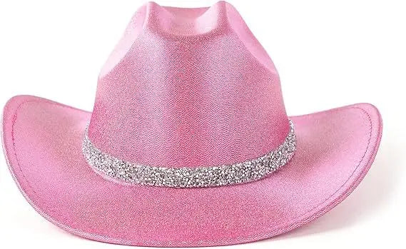 Pink cowboy hat with a silver band on a white background