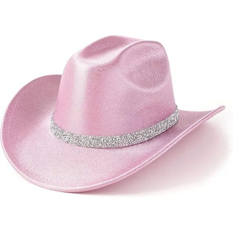 Pink cowboy hat with a silver band on a white background