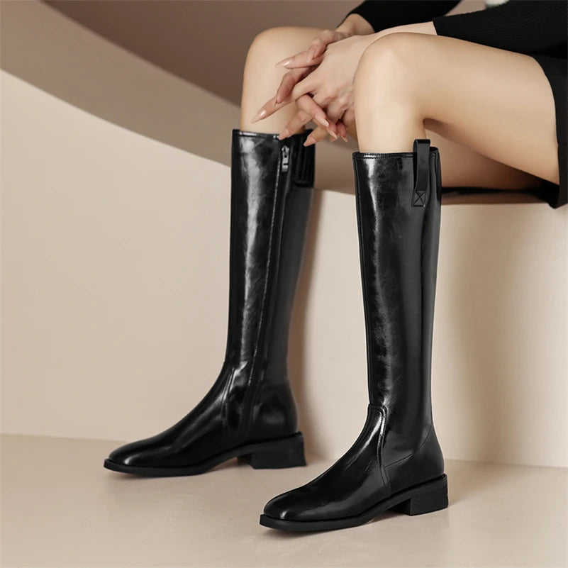 Knee High Leather Flat Equestrian Riding Boots Round Toe - Black