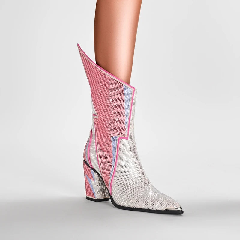 Lightning Bolt Crystal Ankle Boots in Pink & Silver | Glam Rock Statement Heels