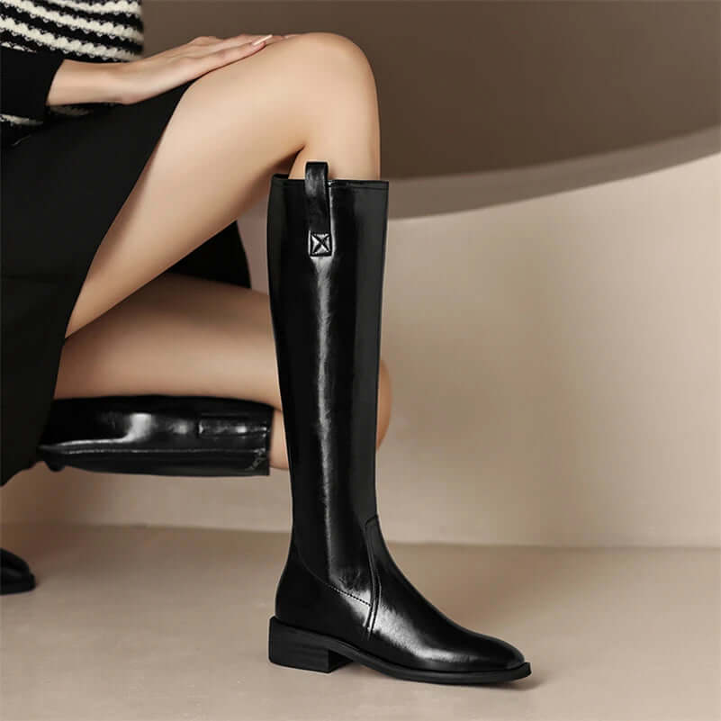 Knee High Leather Flat Equestrian Riding Boots Round Toe Black