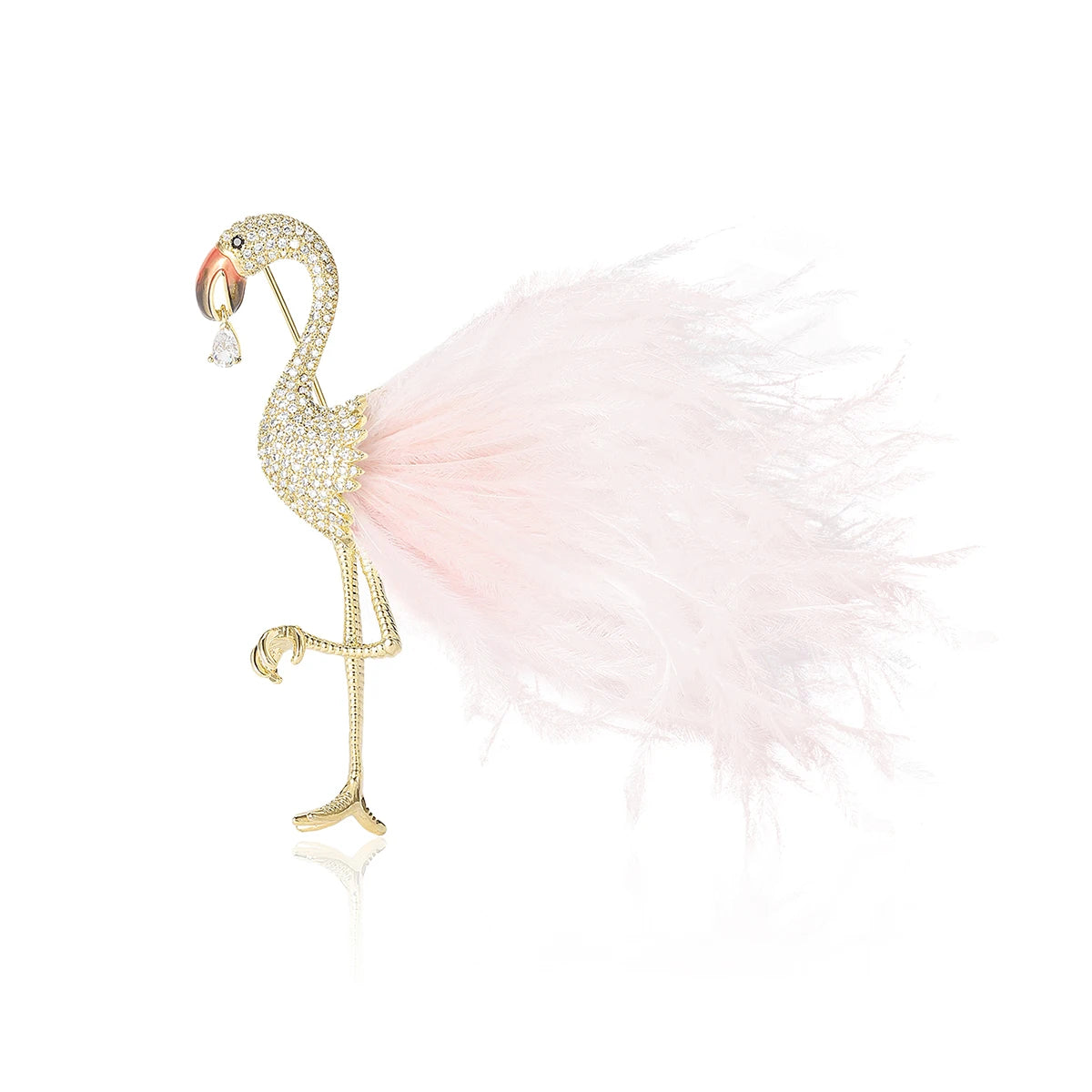 Pink Flamingo Brooch with Faux Feathers