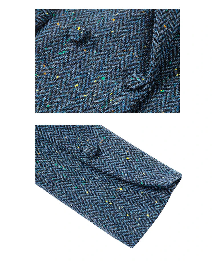 Navy Herringbone Long Blazer – Double Lapel Collar, Fabric-Covered Buttons, Loose Fit
