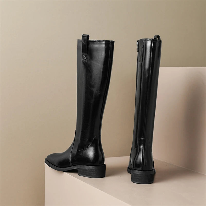 Knee High Leather Flat Equestrian Riding Boots Round Toe - Black