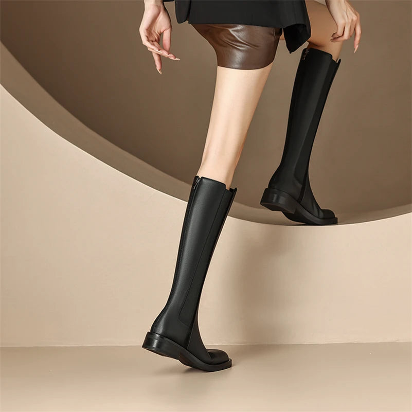 Knee High Leather Boots Flat Round Toe Equestrian Style