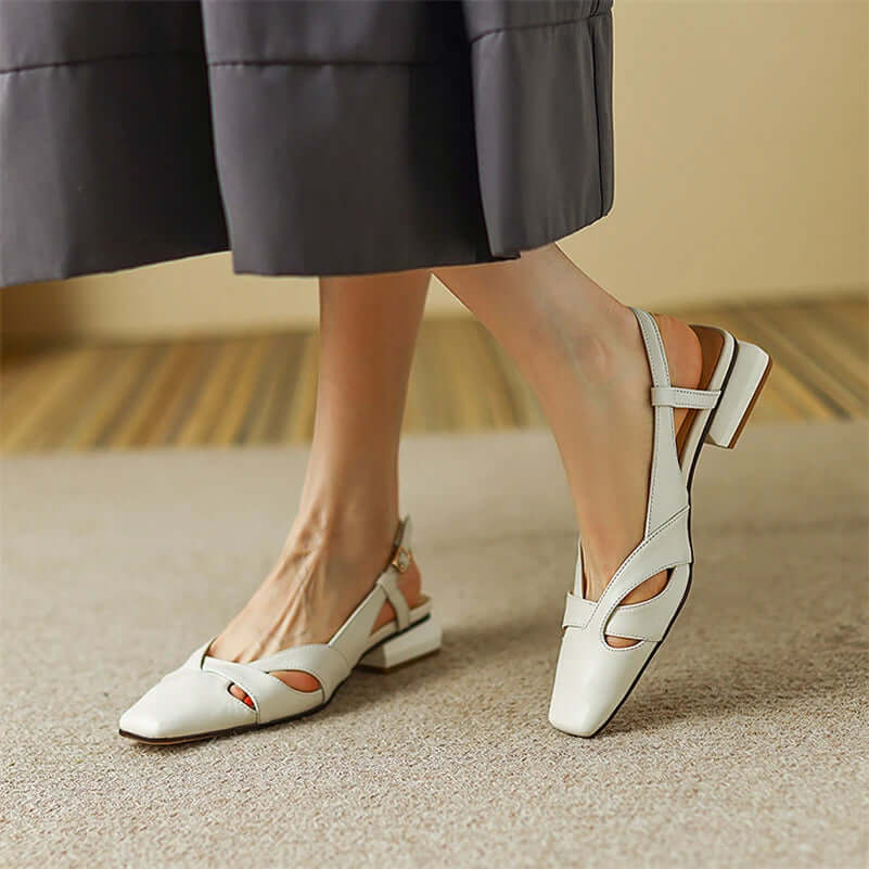 Square Toe Sling Back Flat Pumps - Ivory Leather