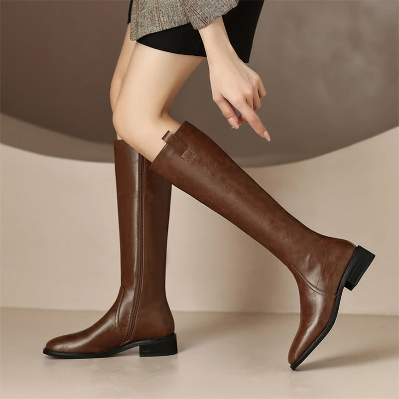 Knee High Leather Flat Equestrian Riding Boots Round Toe - Brown