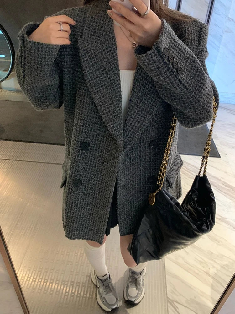 Grey Tweed Longline Blazer – Double-Breasted, Loose Cut with Double Lapel