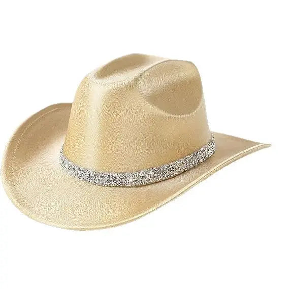 Beige cowboy hat with a decorative band on a white background