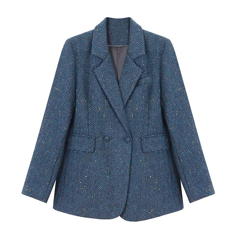 Navy Herringbone Long Blazer – Double Lapel Collar, Fabric-Covered Buttons, Loose Fit
