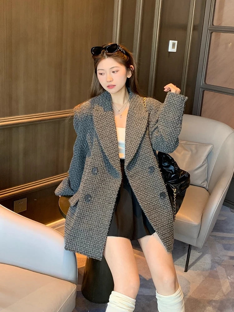Grey Tweed Longline Blazer – Double-Breasted, Loose Cut with Double Lapel