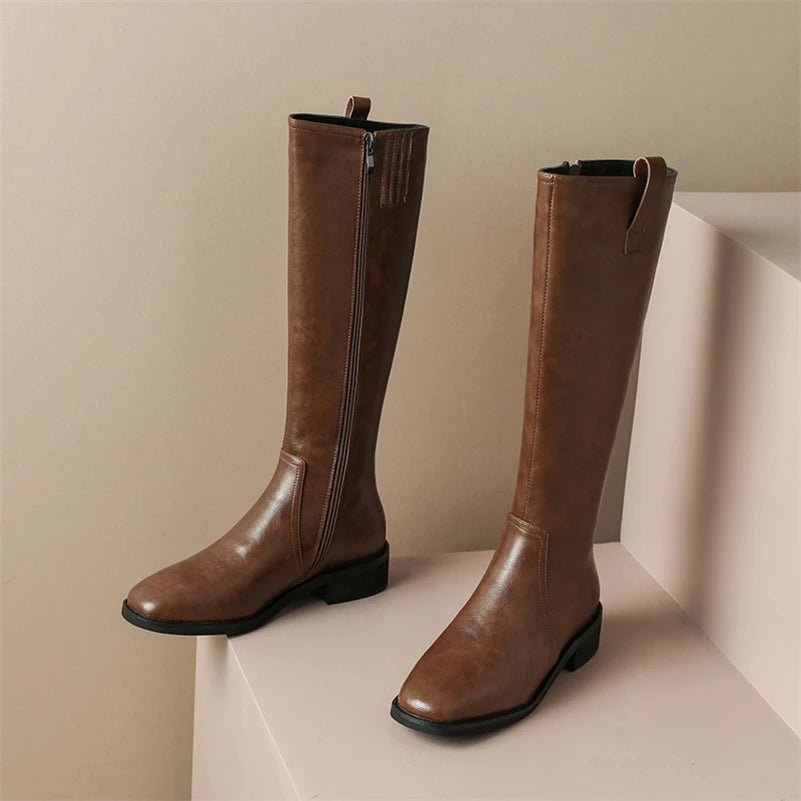 Knee High Leather Flat Equestrian Riding Boots Round Toe - Brown