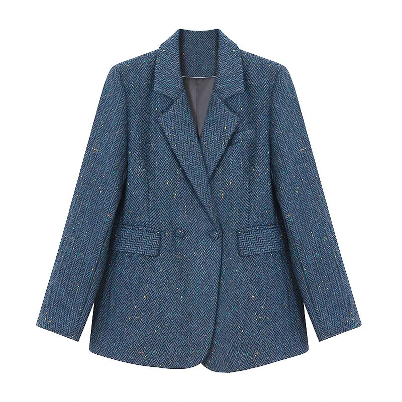 Blue blazer with a textured pattern on a white background