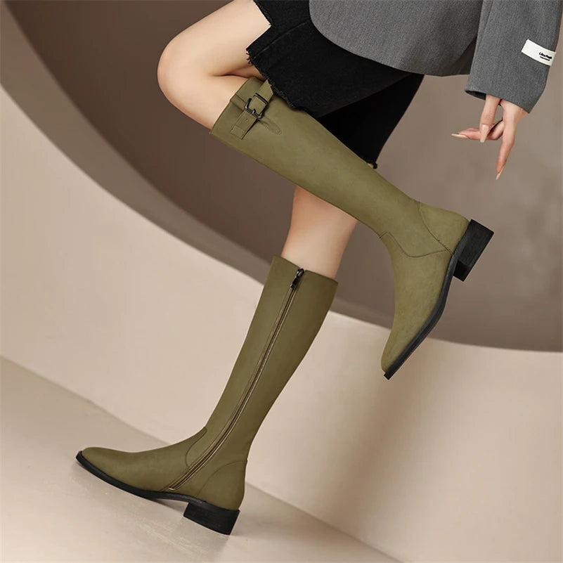 Knee High Leather Flat Equestrian Riding Boots Round Toe Side Buckle - Khaki