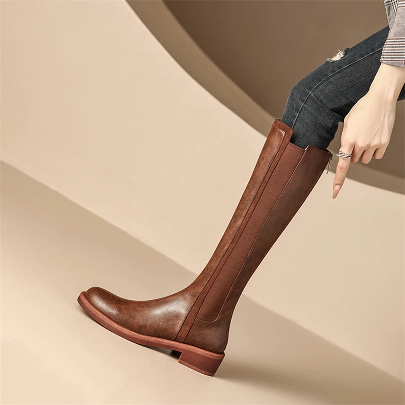 Knee High Leather Boots Flat Round Toe Equestrian Style