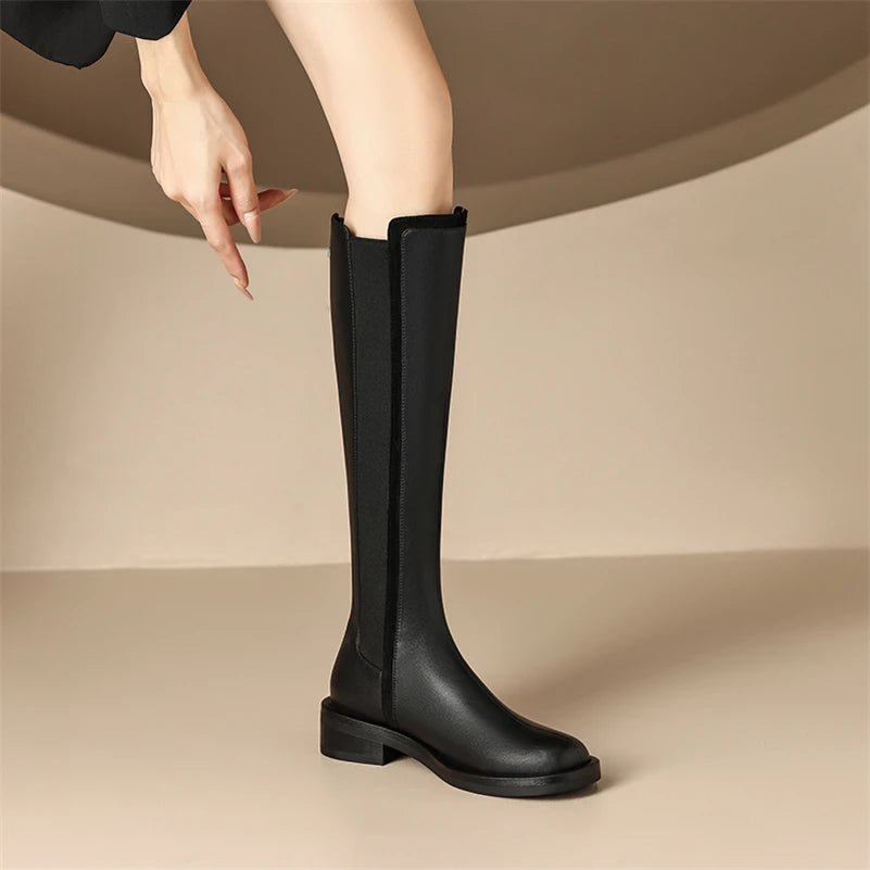 Knee High Leather Boots Flat Round Toe Equestrian Style