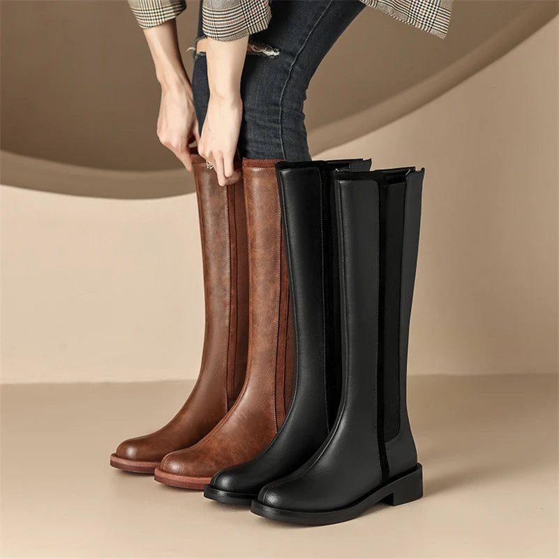 Knee High Leather Boots Flat Round Toe Equestrian Style