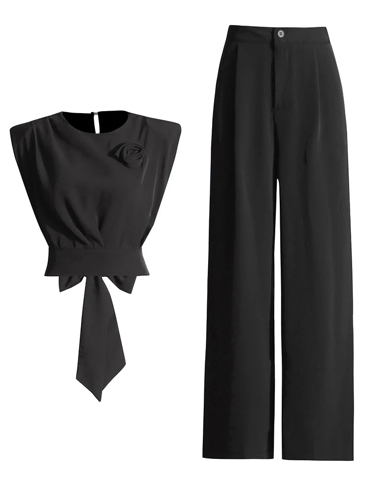 Wide Led High Waist Trousers and Top With a Bowtie Detail Coord