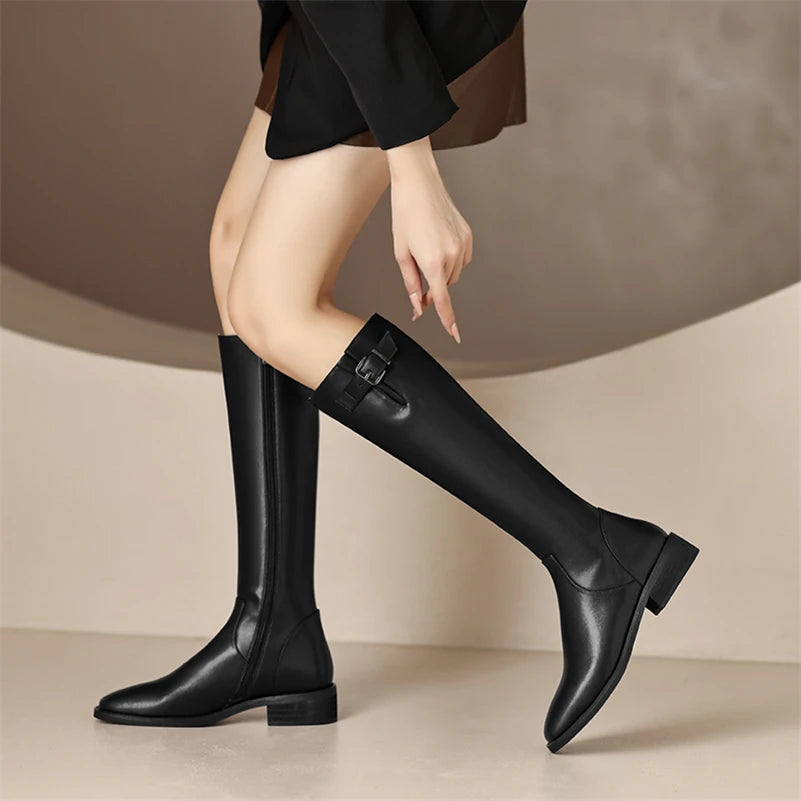 Knee High Leather Flat Equestrian Riding Boots Round Toe Side Buckle - Black